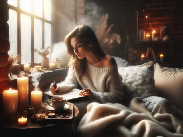 woman relaxing with coffee and blanket near warm fireplace in winter home setting