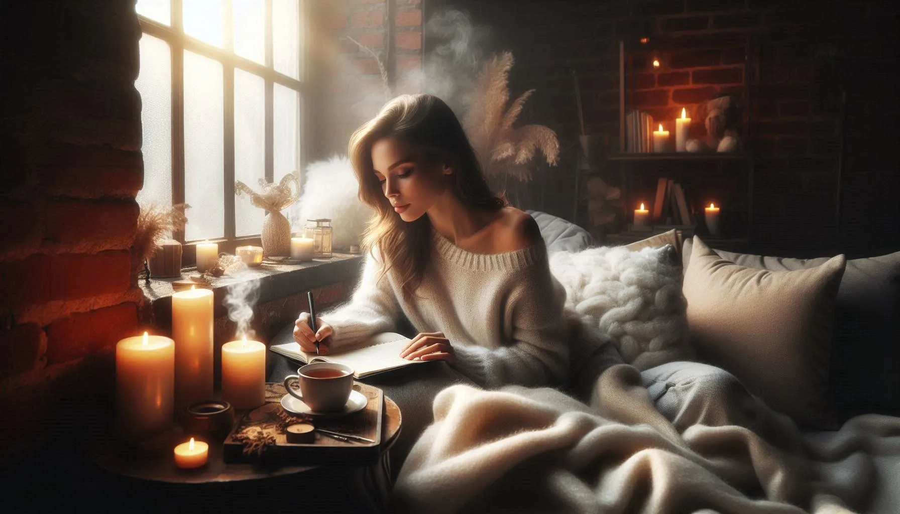 woman relaxing with coffee and blanket near warm fireplace in winter home setting