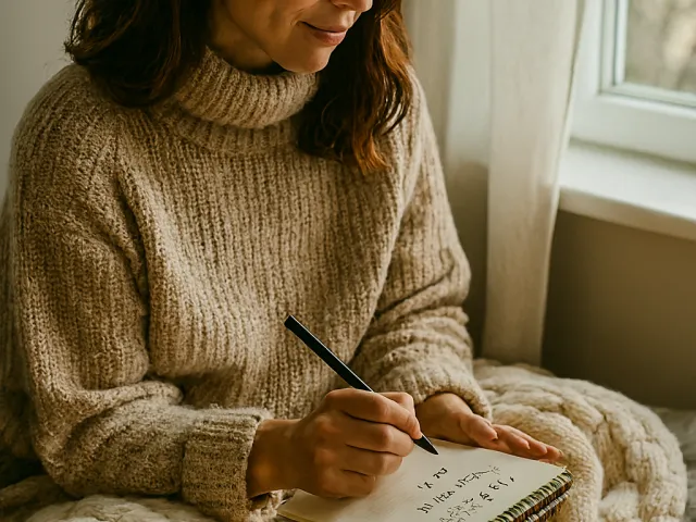 Woman writing in notebook with candles and warm blanket by window