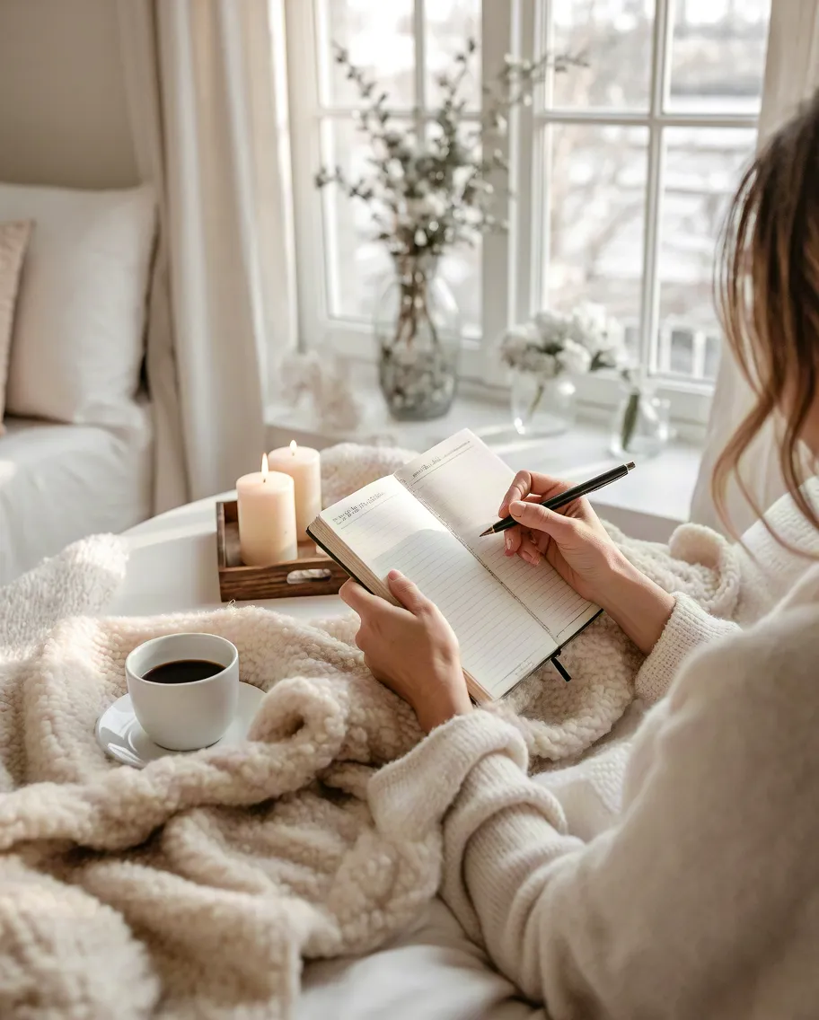 Relaxed woman wrapped in blanket reading a book beside soft natural light