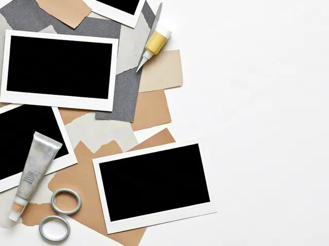 collage craft desk with blank photo frames and stationery