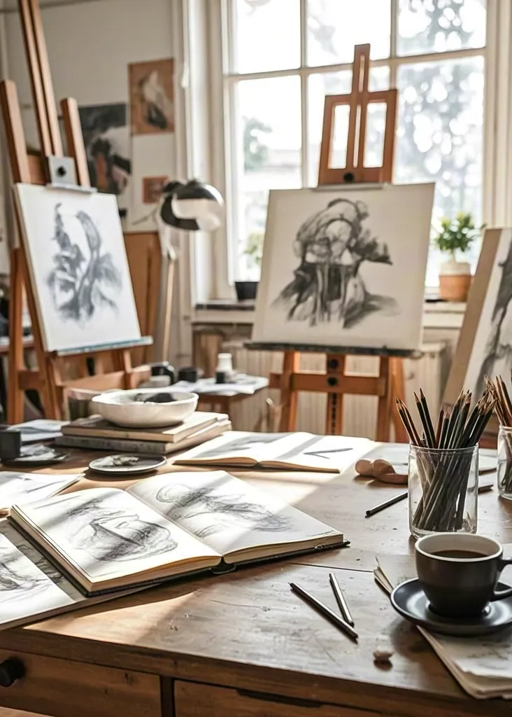 Creative artist’s workspace with sketches and coffee