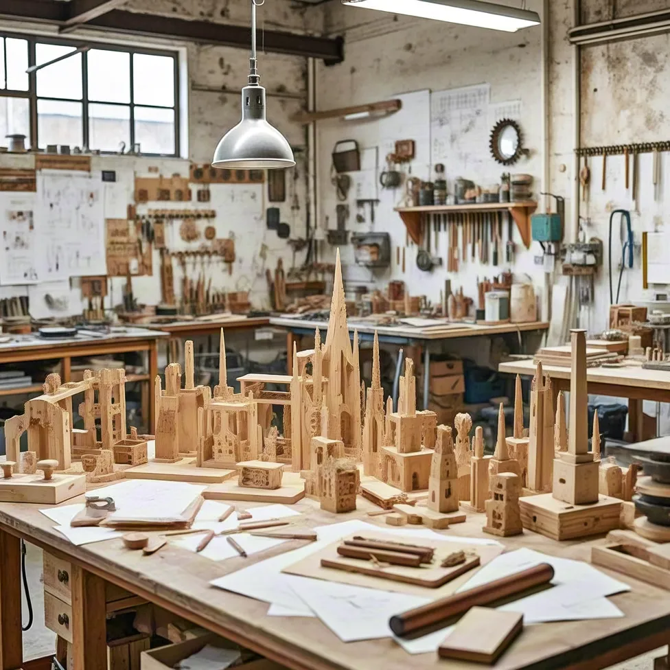 Creative woodworking studio with architectural models – craft and design workspace
