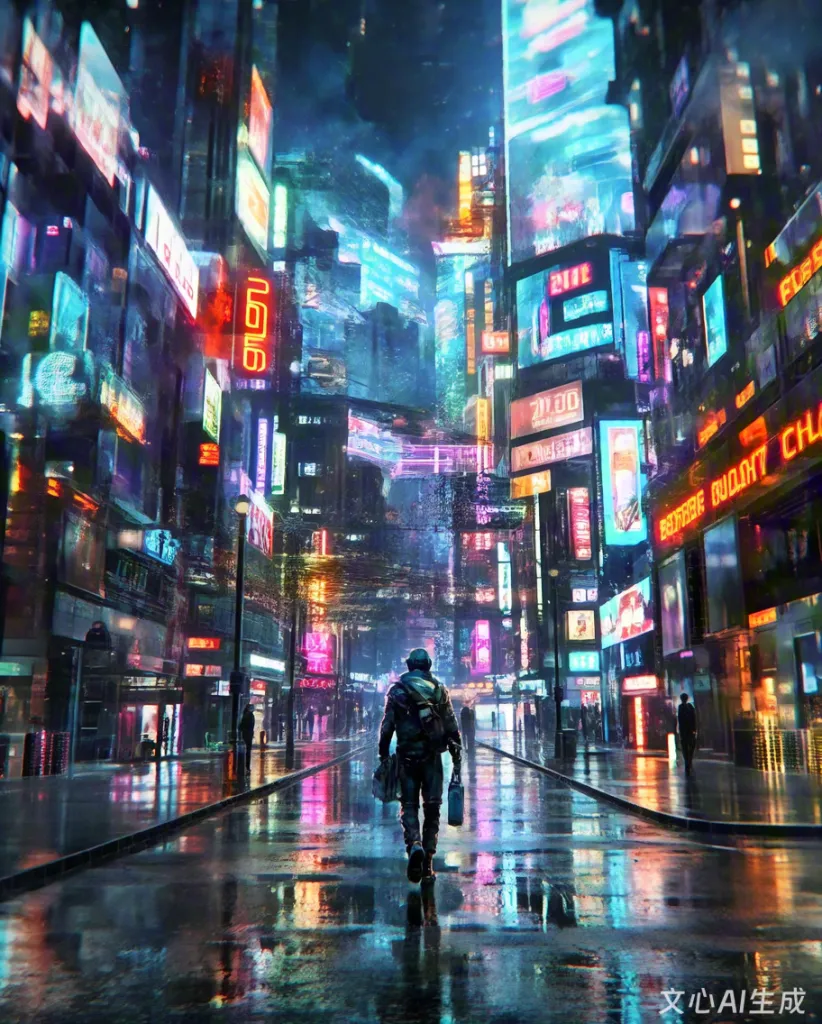 Crowd Walking Through Futuristic Neon Street