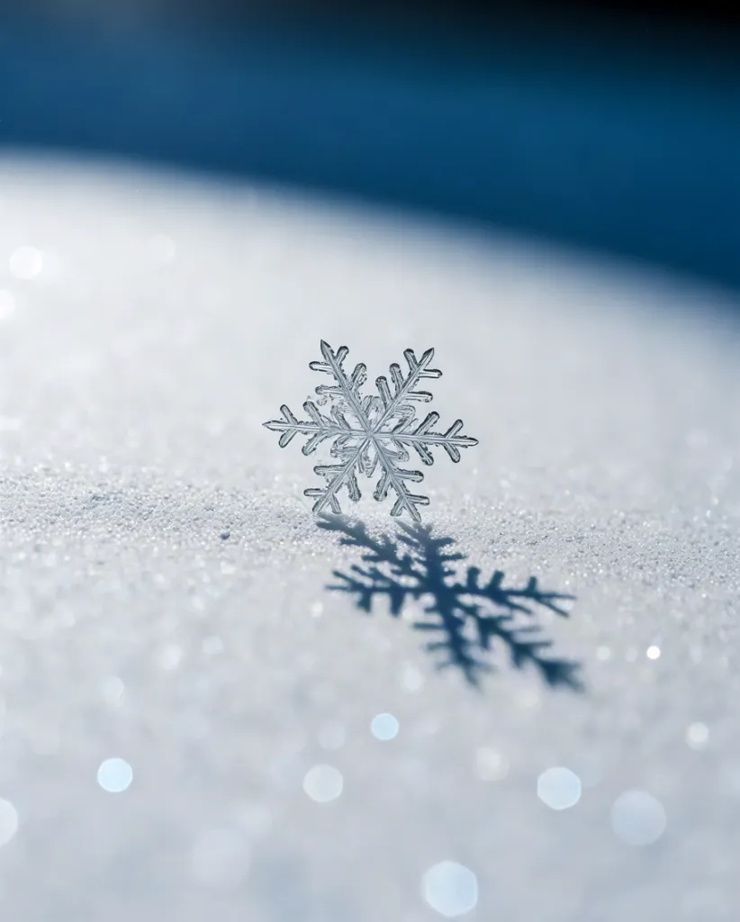 Crystal snowflake on icy surface
