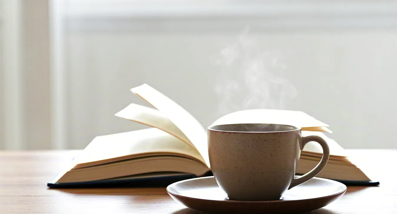 eading moment with steaming coffee cup and morning sunlight on table.