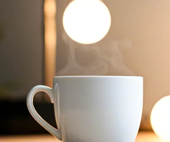 Warm evening ambiance with lamp light reflecting on book and mug.