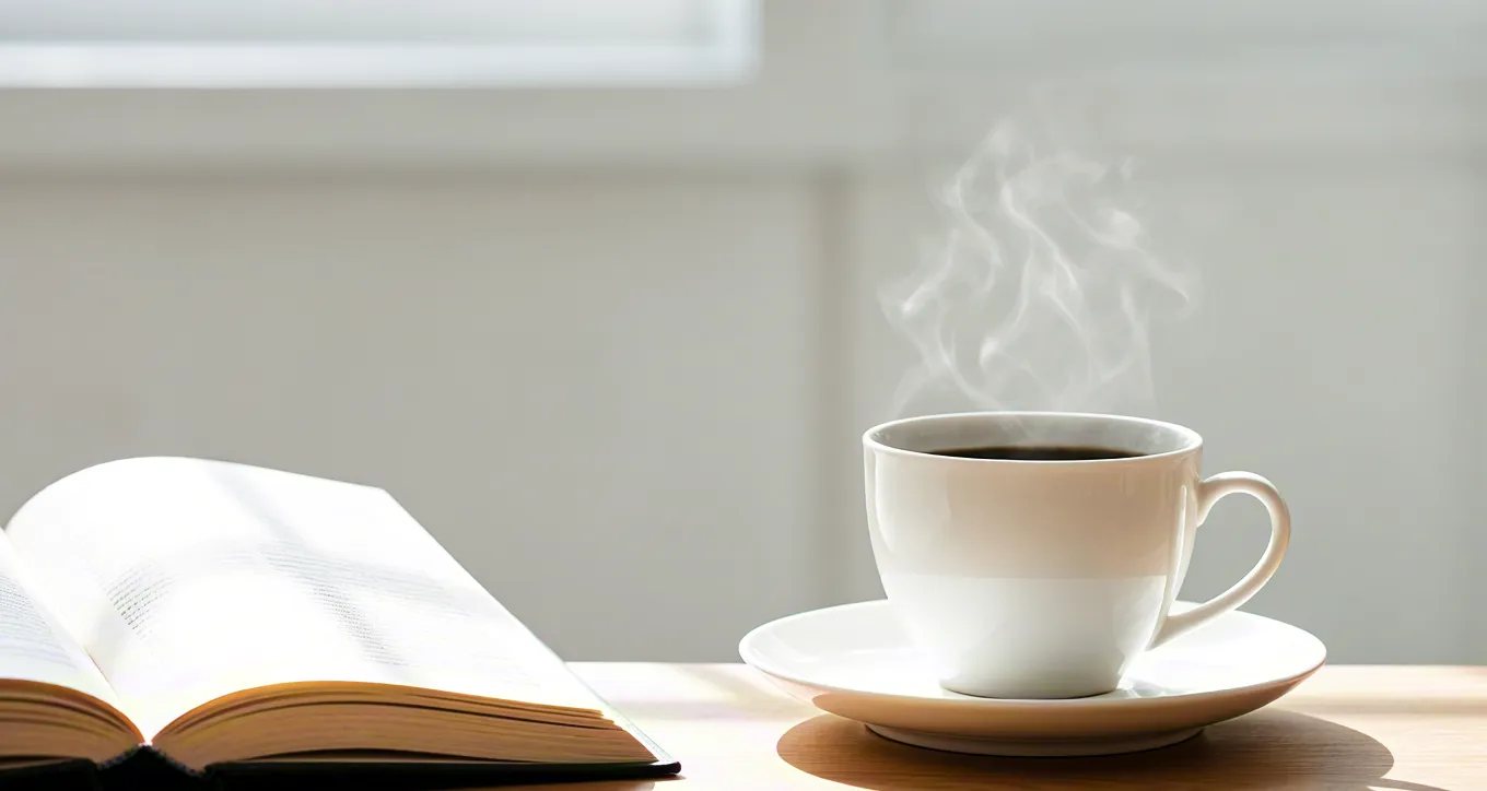 Warm cup of coffee with steam and book on wooden desk by window.