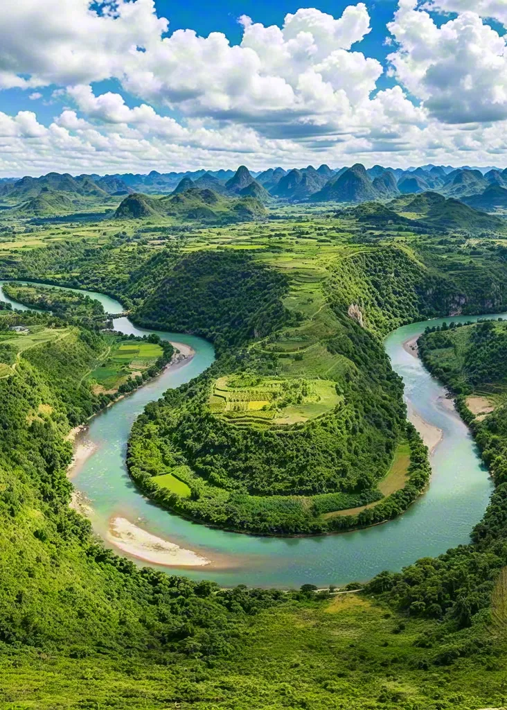 Curved river surrounded by lush hills and grasslands