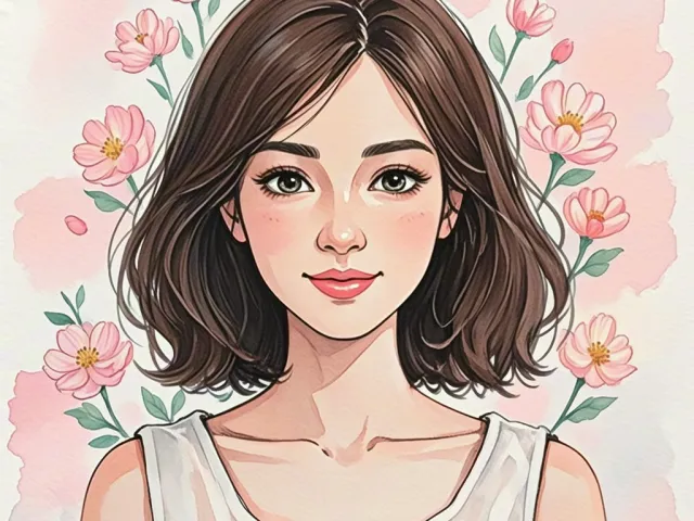 Stylized portrait of a young woman with short hair and floral details.