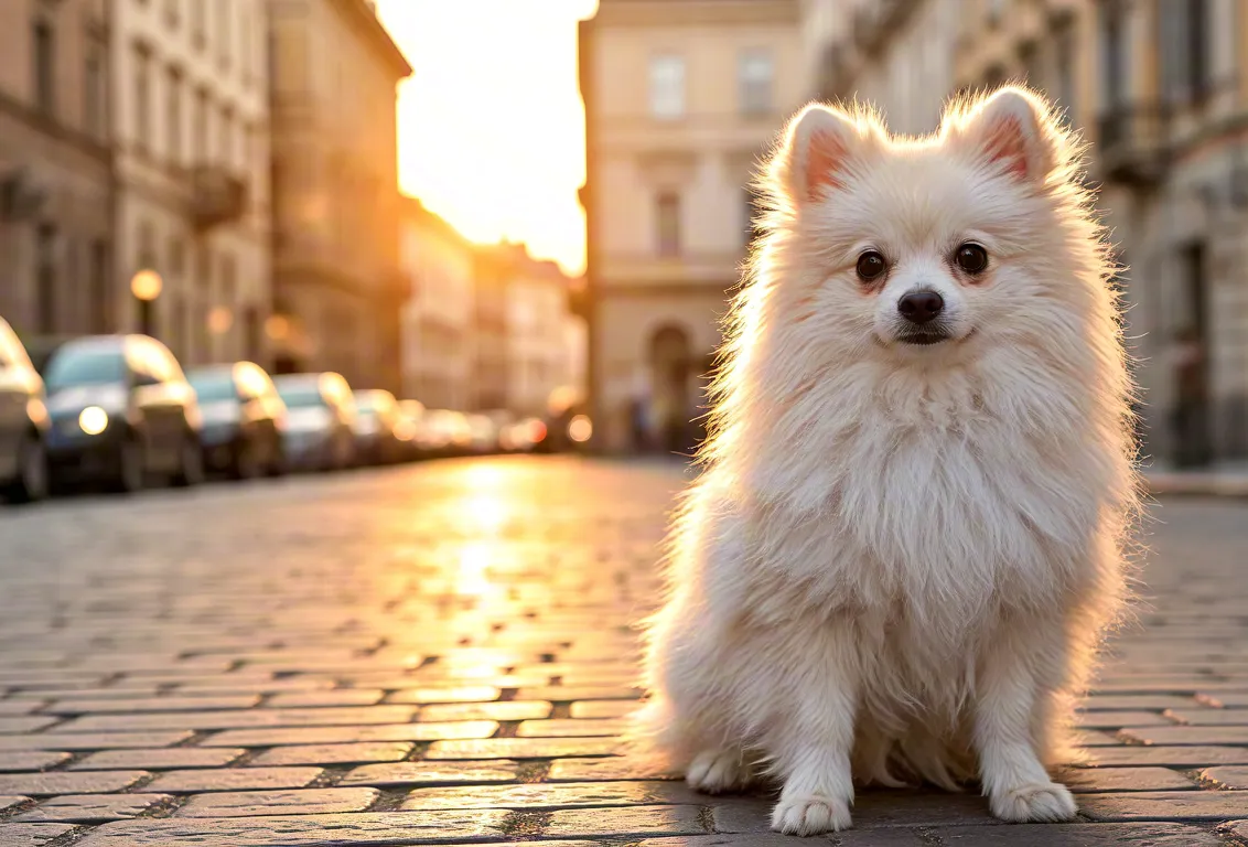 Small fluffy dog sitting on cobblestone street with warm sunset light in background of city buildings