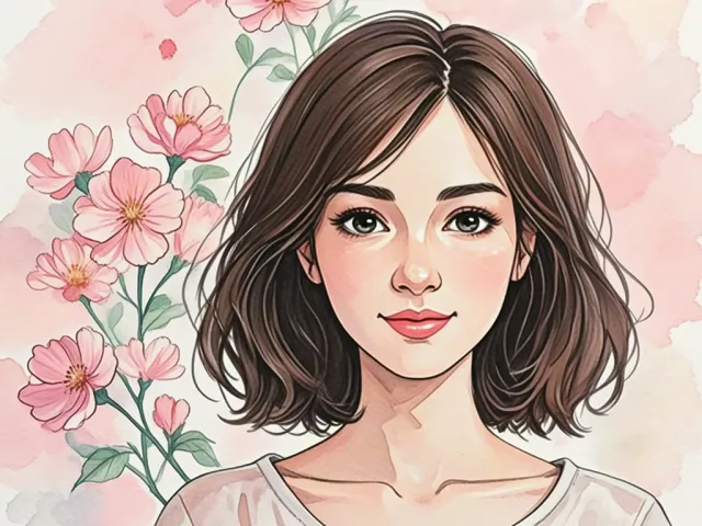 Soft watercolor portrait of a young girl surrounded by pink flowers