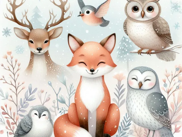 deer fox owl and little birds in pastel snowy woodland scene