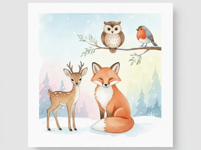 deer fox and owl sitting together in pastel snowy landscape