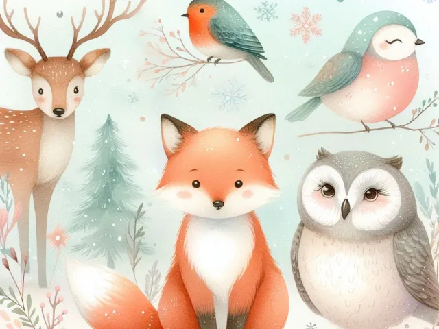 fox deer owl and small birds in snowy pastel winter forest