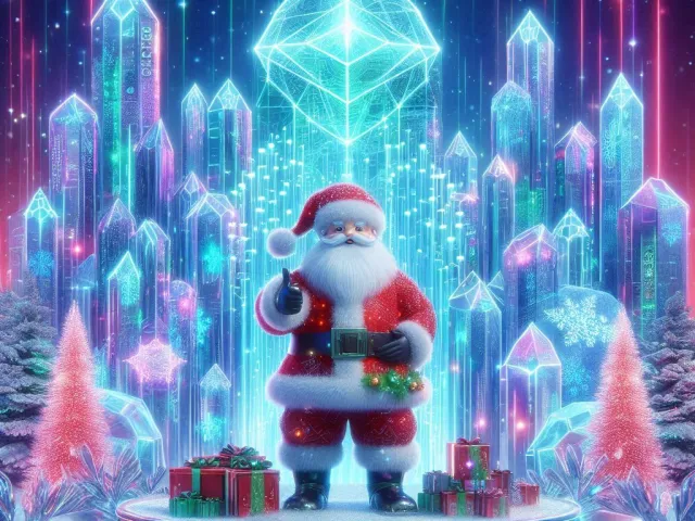 santa claus standing in neon crystal city with glowing np 2026 sign