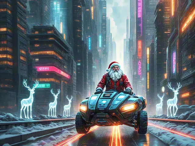 santa claus speeding on hover vehicle through neon futuristic city street