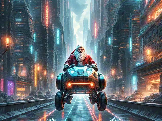santa claus riding hovering vehicle through neon cyberpunk city