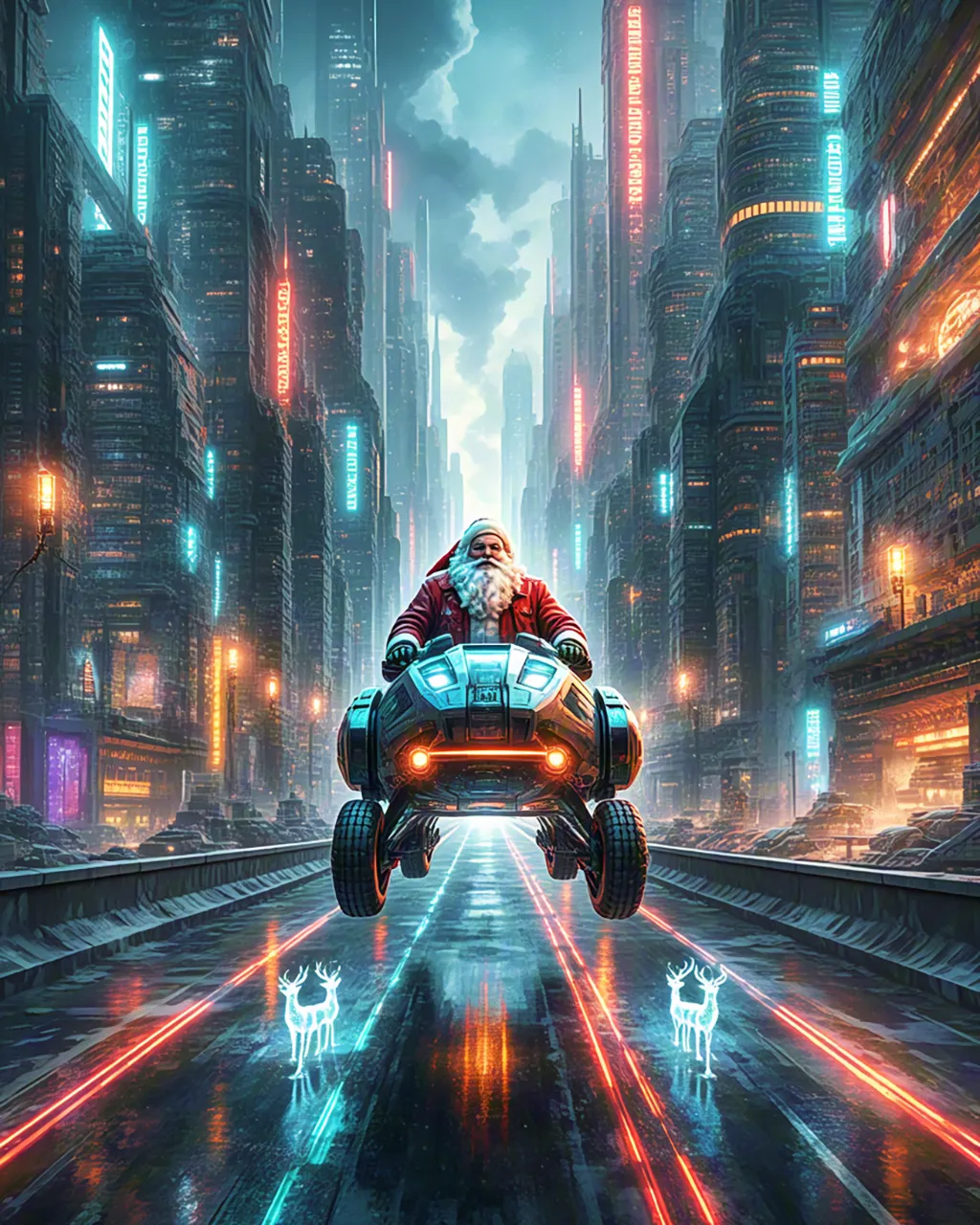 santa claus riding hovering vehicle through neon cyberpunk city