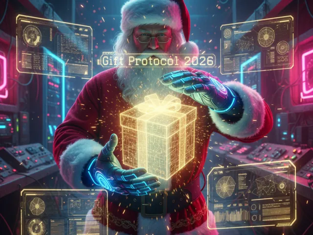 Futuristic Santa holding a glowing gift box in neon-lit environment