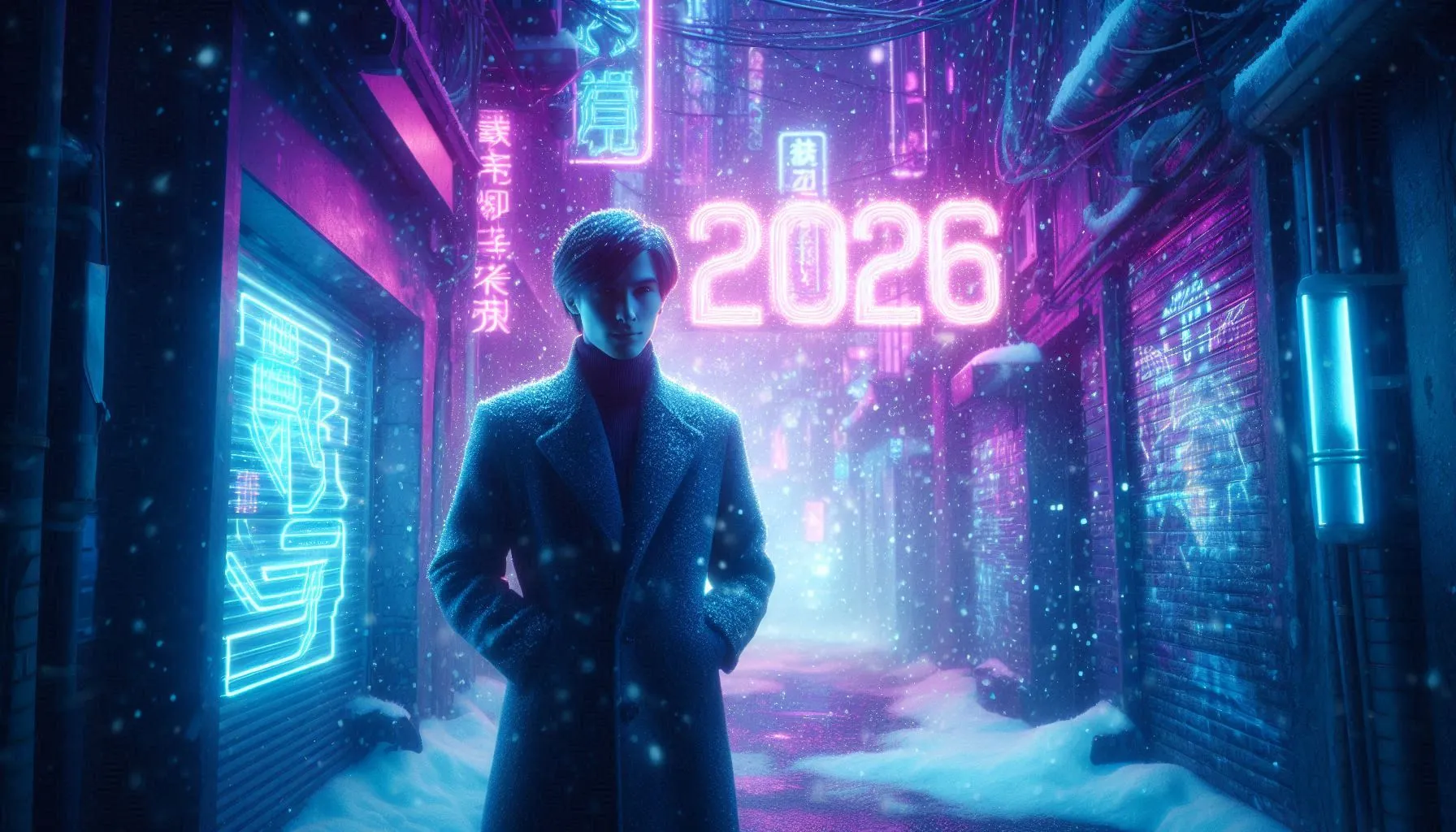 Silhouette of a man standing in a neon-lit cyberpunk alley with glowing 2026 sign and falling snow