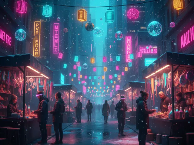 neon-lit city street with christmas market stalls and glowing futuristic signs