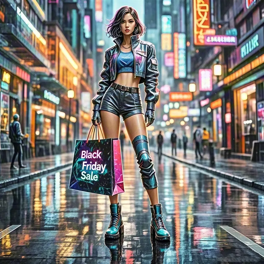 Cyberpunk girl with Black Friday bag — sci-fi neon city