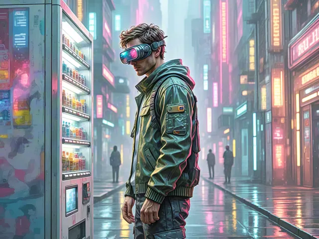 Cyberpunk street scene with man in hood and glowing city lights