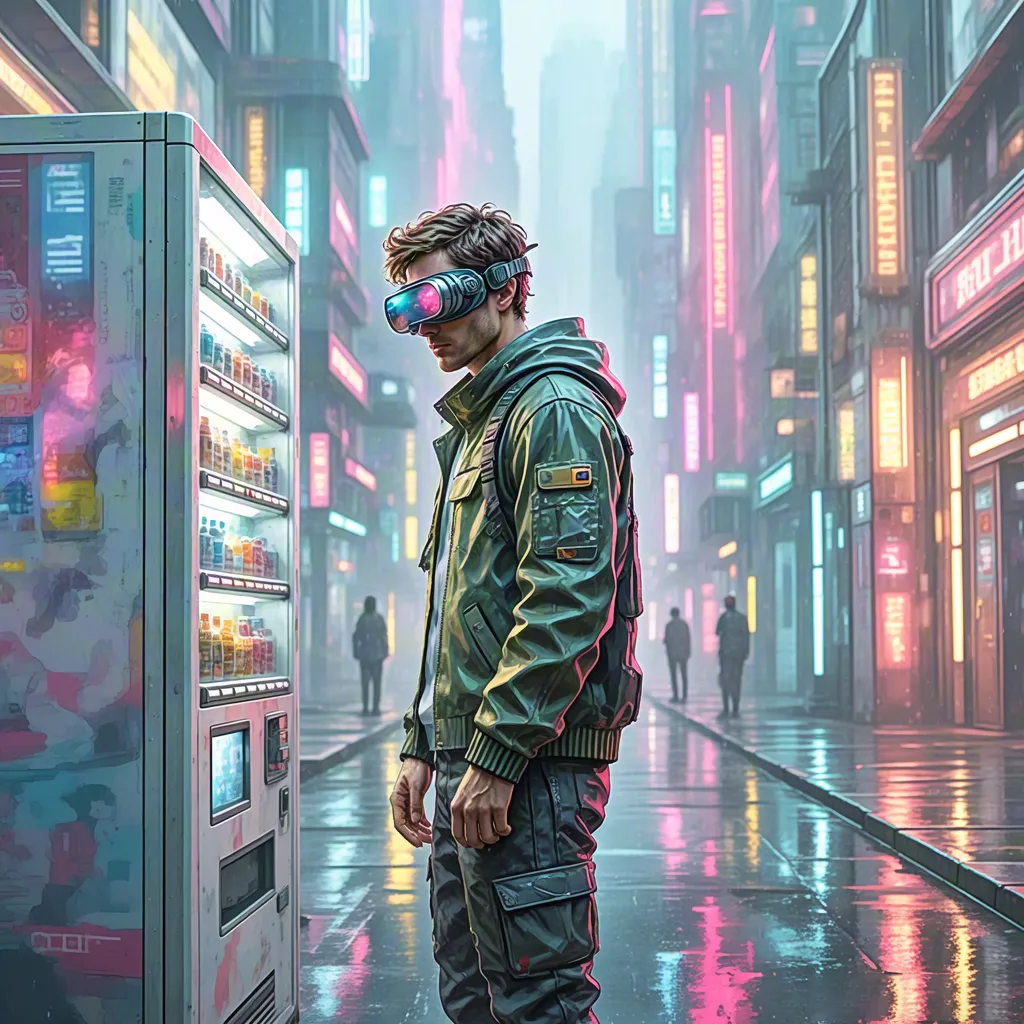 Cyberpunk man at vending machine — neon city scene