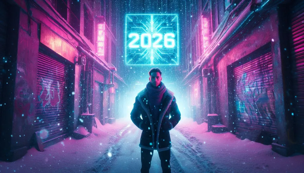Cyberpunk neon street with 2026 sign