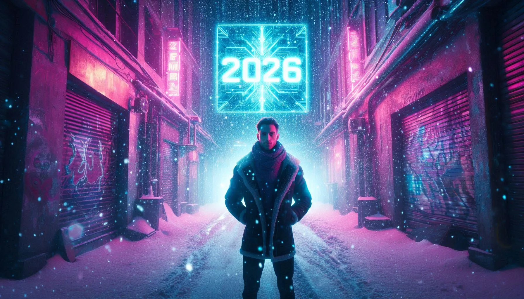 Person walking through neon-lit futuristic alley with glowing 2026 lights