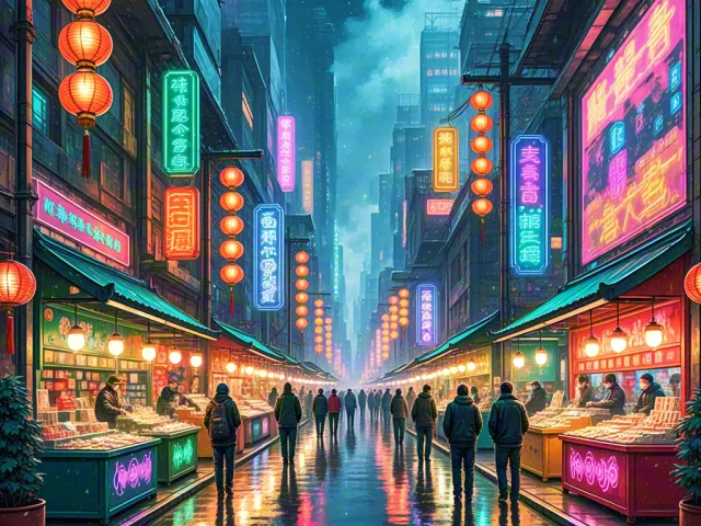 Futuristic city street filled with neon lights and winter pedestrians