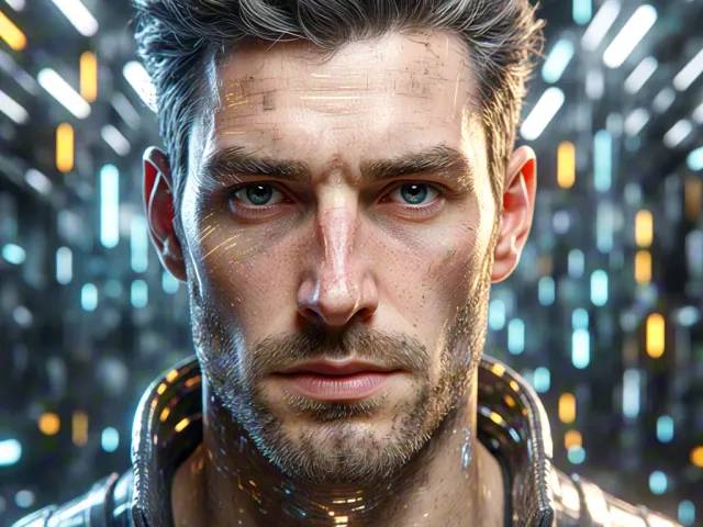Male portrait with futuristic cyber reflections