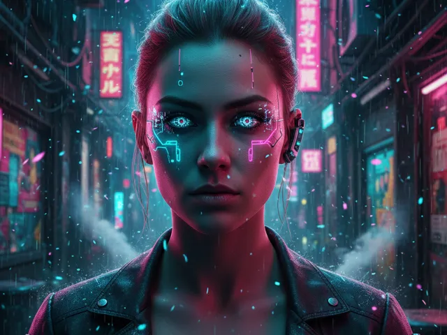 Cyberpunk woman standing under neon lights in futuristic city street