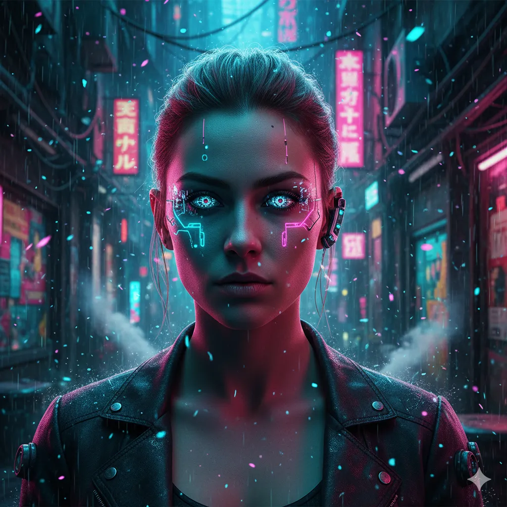 Cyberpunk woman in neon street — sci-fi portrait