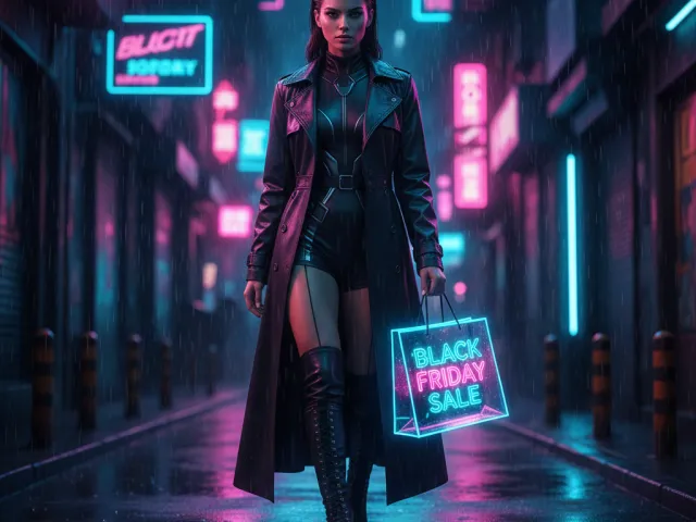 Woman in black outfit walking through neon-lit street with Black Friday shopping bag