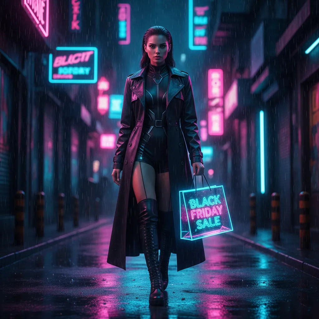 Cyberpunk woman with Black Friday bag — neon street scene
