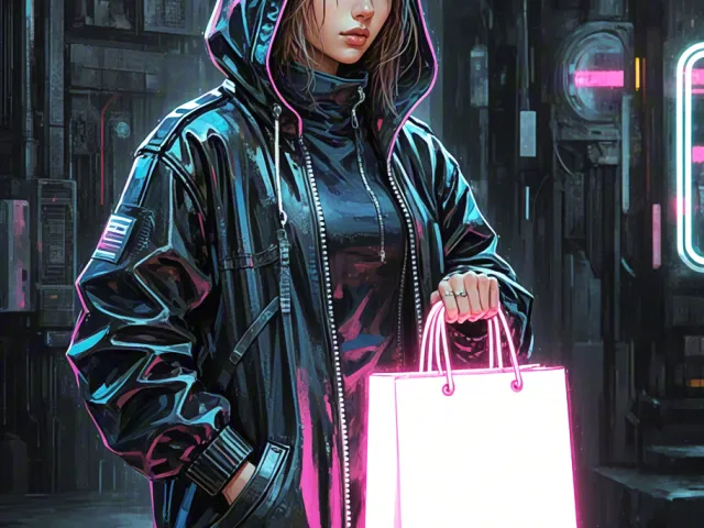 Hooded cyberpunk woman holding glowing shopping bag in dark neon alley
