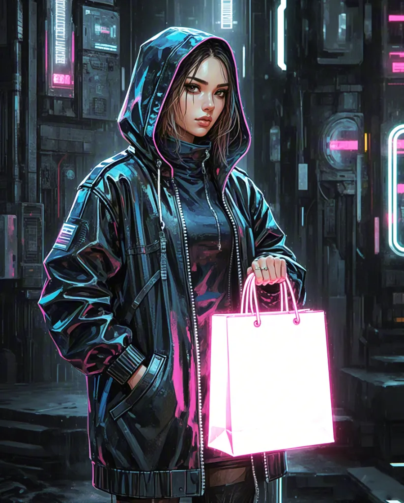 Cyberpunk woman with bright shopping bag — Black Friday scene