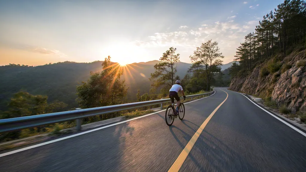 Cyclist on mountain road at sunrise