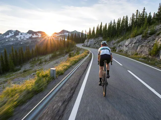 Cyclist on scenic forest road at sunset
