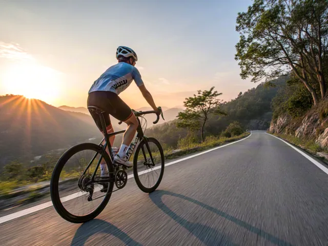 cyclist riding uphill during sunset