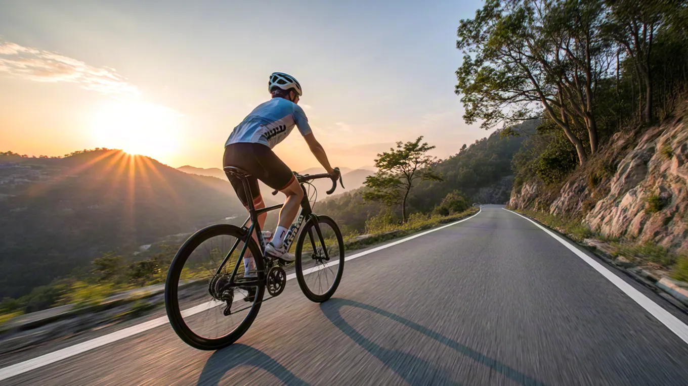 cyclist riding uphill during sunset