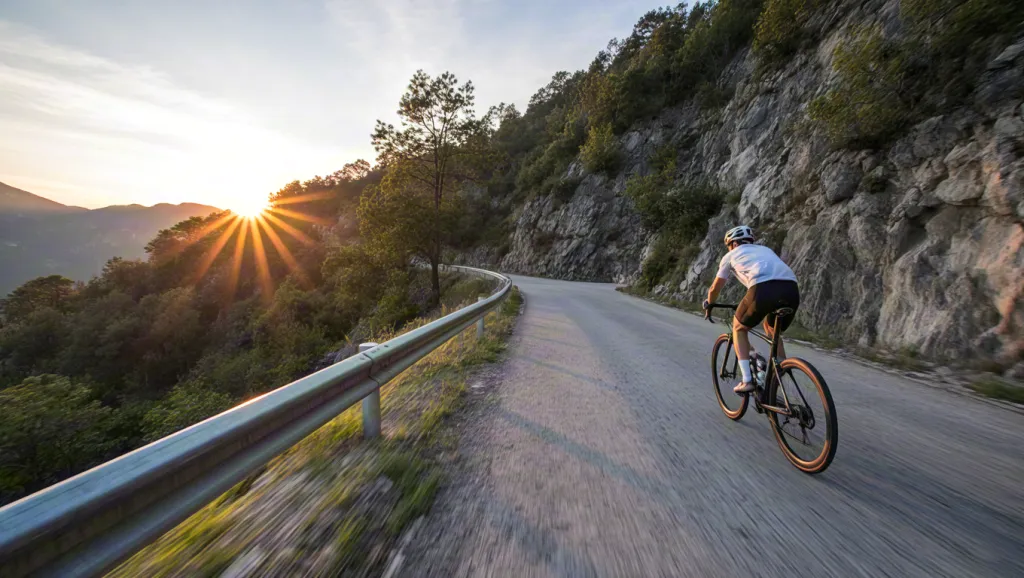 Cyclist riding mountain road at sunset