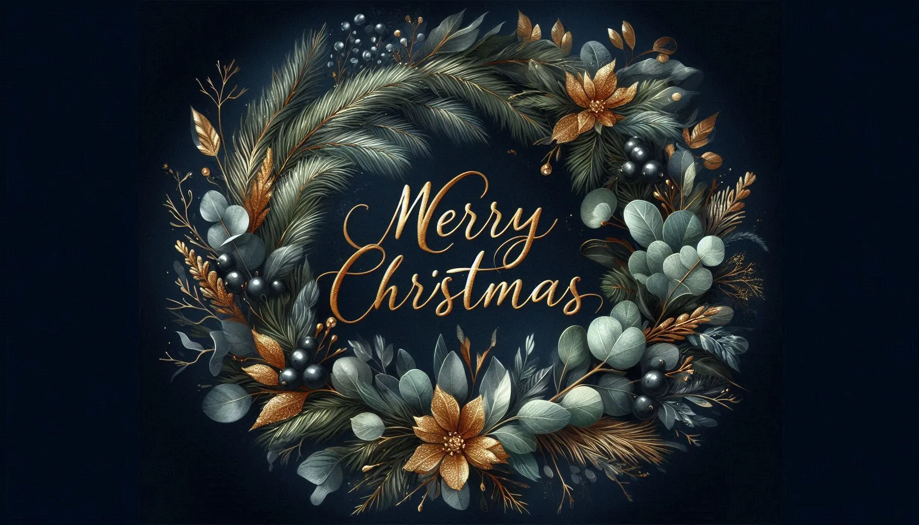 elegant dark wreath with blue and gold ornaments and merry christmas text