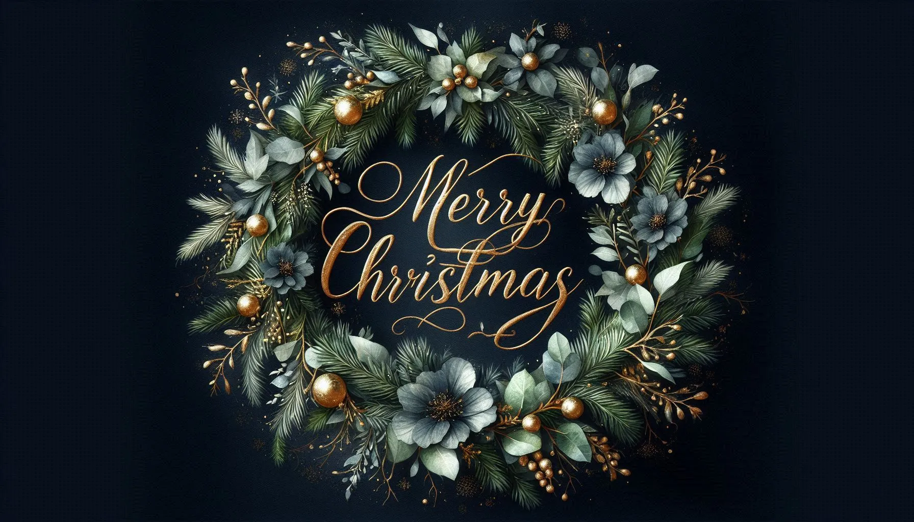 Elegant dark holiday wreath decorated with gold berries and bluish metallic elements