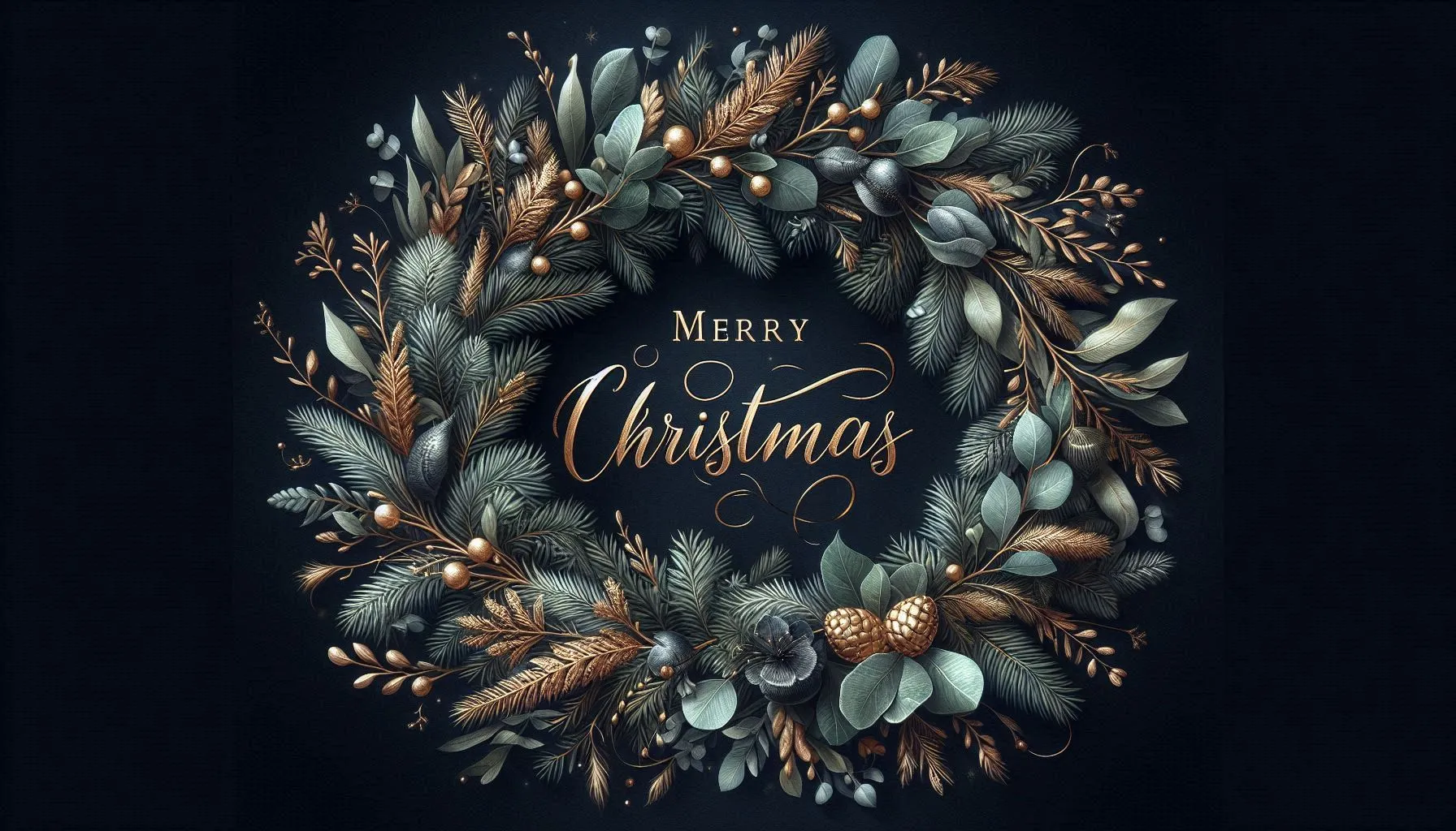 Elegant Christmas wreath with pinecones and golden berries on dark background