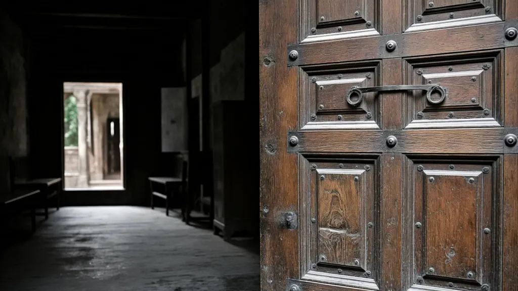 Dark hallway leading to wooden door