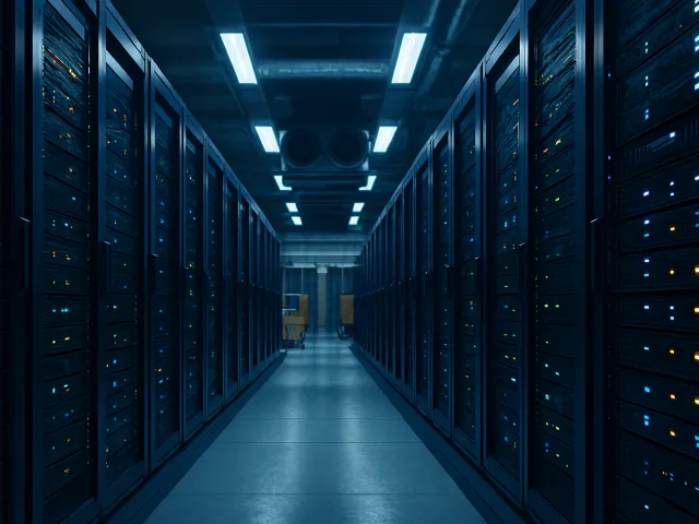 futuristic server racks in a long data center hallway