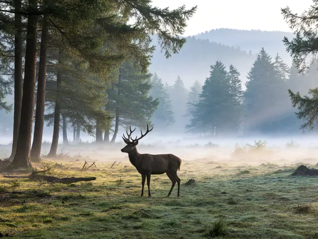Wild deer standing in foggy woodland scene